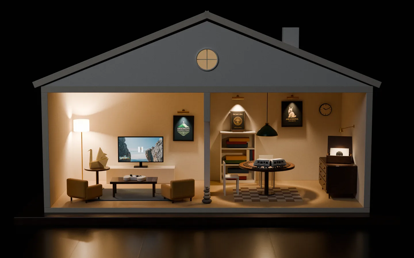 La maison Argonova, une maquette ouverte comme une maison de poupée. À gauche, le salon et sa télévision ; à droite, la salle de jeux et son petit train.