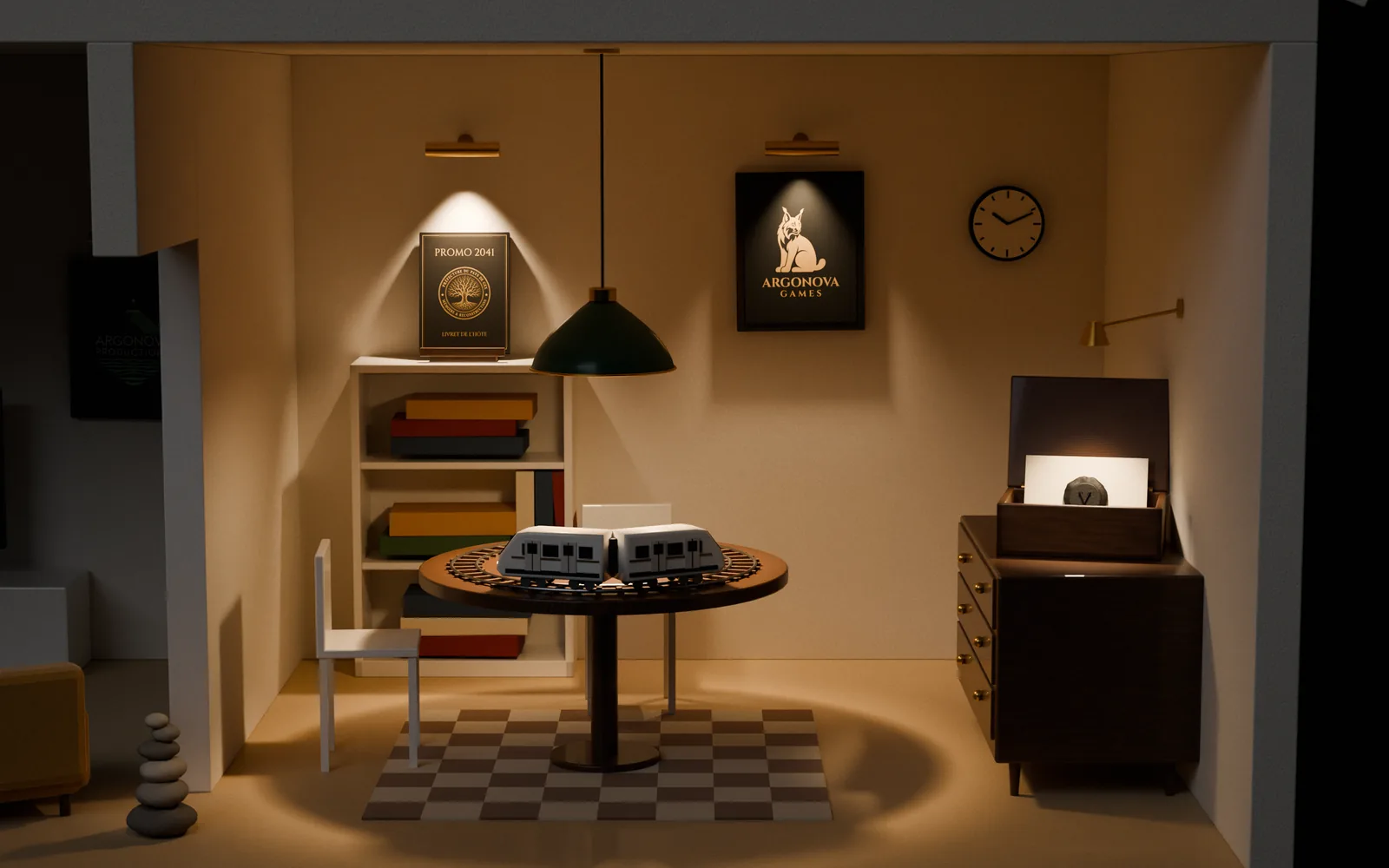 La salle de jeux : le livret de Promo 2041 sur la bibliothèque, un petit train sur son circuit, et le coffret VESTIGES ouvert sur la commode. L’horloge est arrêtée à 22h11.