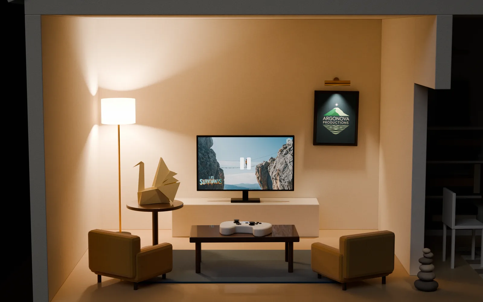 Le salon : la télévision en pause, une manette sur la table basse, un cygne en origami sur le guéridon, et un cairn de galets sur le seuil.